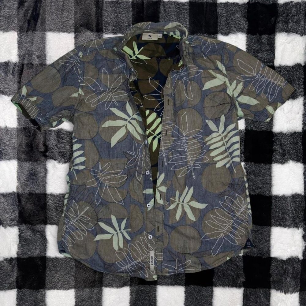 Vintage Garcia Hawaiian Shir Blue Green Floral Button Up Women's L 100% Cotton